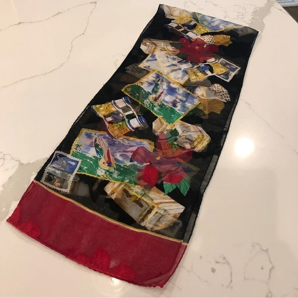 Vintage Liz Claiborne Scarf Wrap Vacation Time Travel Novelty Print Rectangular